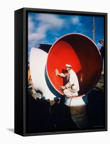 Worker Sitting Inside Ship's Ventilator paint inside Sun Shipbuilding and Dry Dock Co. Shipyards-Dmitri Kessel-Framed Premier Image Canvas