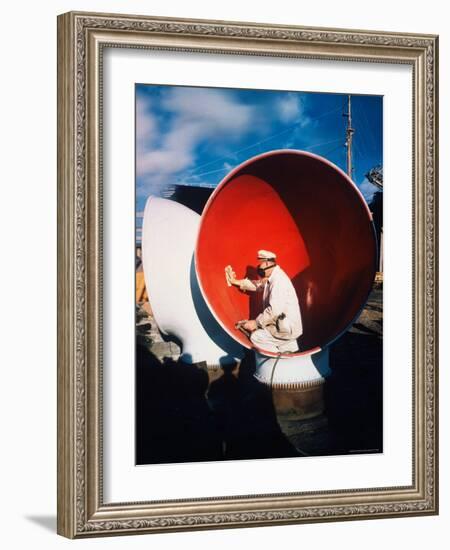 Worker Sitting Inside Ship's Ventilator paint inside Sun Shipbuilding and Dry Dock Co. Shipyards-Dmitri Kessel-Framed Photographic Print