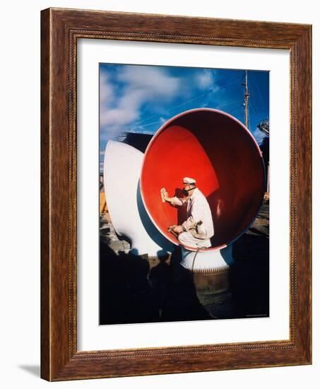 Worker Sitting Inside Ship's Ventilator paint inside Sun Shipbuilding and Dry Dock Co. Shipyards-Dmitri Kessel-Framed Photographic Print