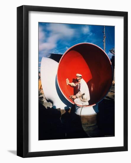 Worker Sitting Inside Ship's Ventilator paint inside Sun Shipbuilding and Dry Dock Co. Shipyards-Dmitri Kessel-Framed Photographic Print