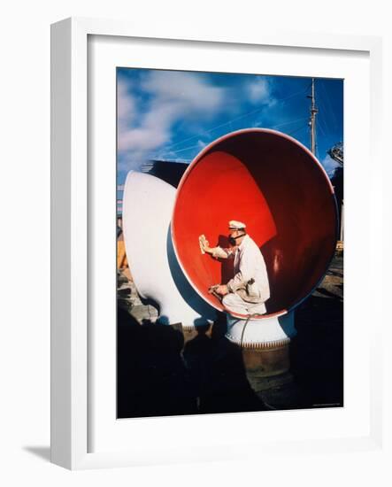 Worker Sitting Inside Ship's Ventilator paint inside Sun Shipbuilding and Dry Dock Co. Shipyards-Dmitri Kessel-Framed Photographic Print