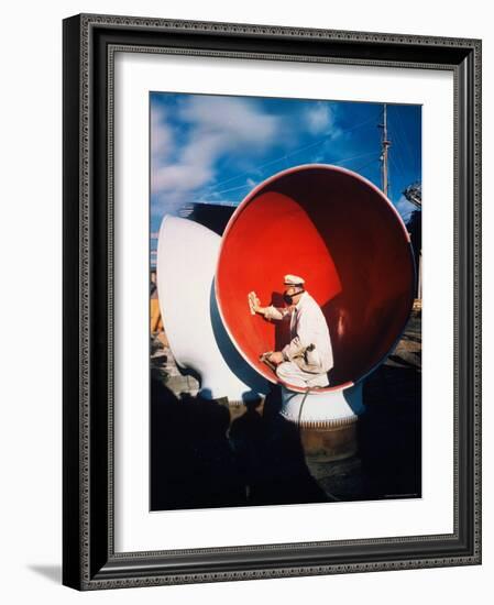 Worker Sitting Inside Ship's Ventilator paint inside Sun Shipbuilding and Dry Dock Co. Shipyards-Dmitri Kessel-Framed Photographic Print