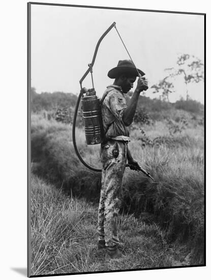 Worker Spraying Oil on Breeding Places of Mosquitoes in Panama, Ca. 1905-null-Mounted Photo