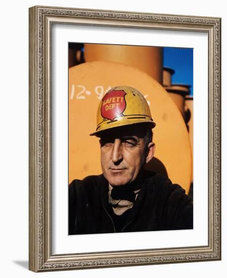 Worker Wearing Safety Helmet Outside at Sun Shipbuilding and Dry Dock Co. Shipyards-Dmitri Kessel-Framed Photographic Print