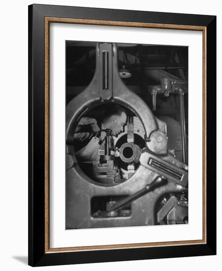 Worker Working on a Propeller Blade For a B-18 Bomber-William C^ Shrout-Framed Photographic Print