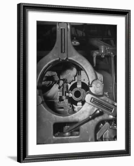 Worker Working on a Propeller Blade For a B-18 Bomber-William C^ Shrout-Framed Photographic Print