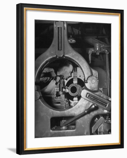 Worker Working on a Propeller Blade For a B-18 Bomber-William C^ Shrout-Framed Photographic Print