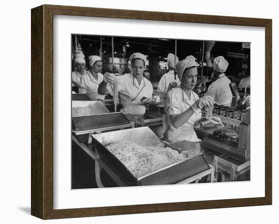 Workers at Ann Page Plant Transferring Spaghetti from Bins into Rows of Cans-null-Framed Premium Photographic Print