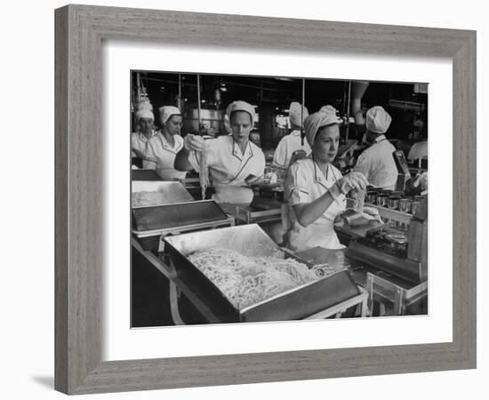 Workers at Ann Page Plant Transferring Spaghetti from Bins into Rows of Cans-null-Framed Photographic Print