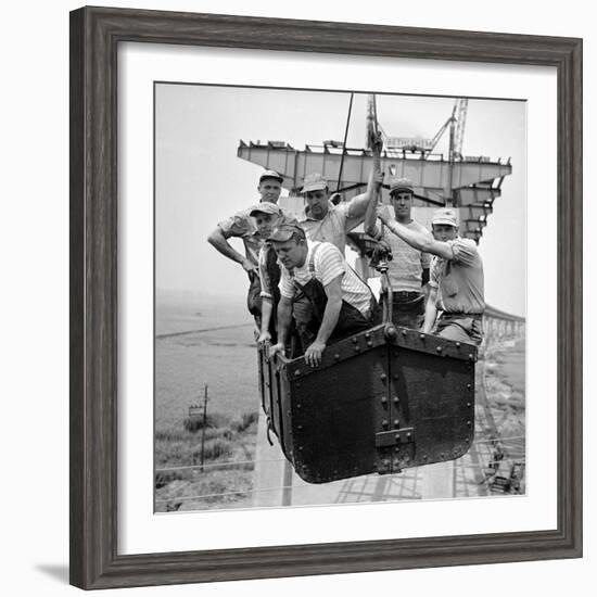 Workers Being Lifted in Steam Shovel Basket During Construction of the New Jersey Turnpike-Bernard Hoffman-Framed Photographic Print