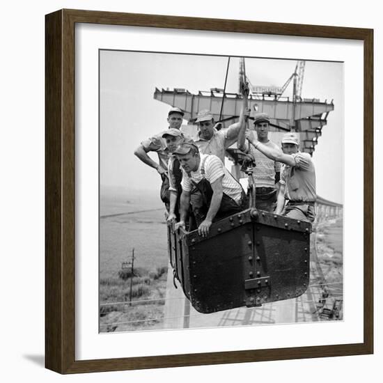 Workers Being Lifted in Steam Shovel Basket During Construction of the New Jersey Turnpike-Bernard Hoffman-Framed Photographic Print