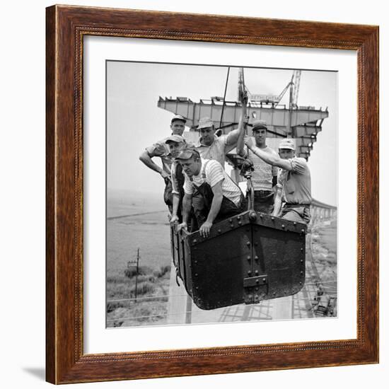 Workers Being Lifted in Steam Shovel Basket During Construction of the New Jersey Turnpike-Bernard Hoffman-Framed Photographic Print