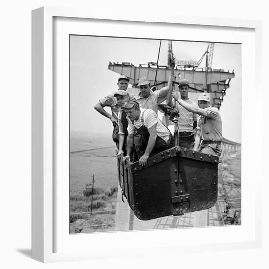 Workers Being Lifted in Steam Shovel Basket During Construction of the New Jersey Turnpike-Bernard Hoffman-Framed Photographic Print