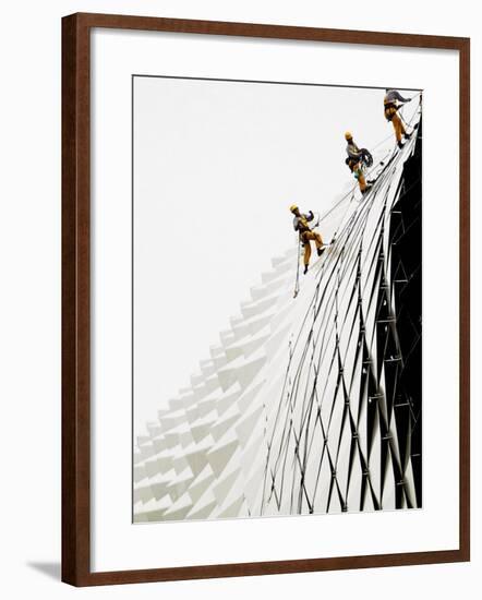 Workers Climb Down the Roof of Singapore's Spikey Fruit Shaped Esplanade Arts Center-null-Framed Photographic Print