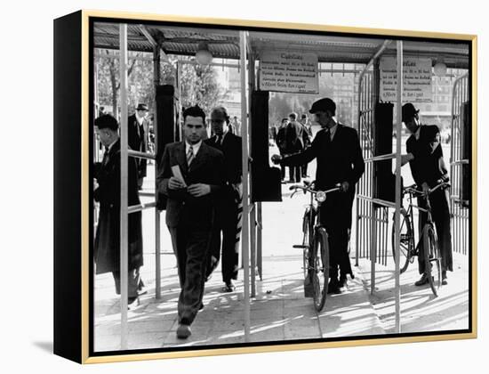 Workers Clocking in at the Gates on Labour Square-John Phillips-Framed Premier Image Canvas