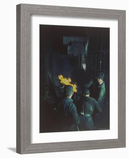 Workers Forging Molten Metal with 16,000 lb Drop Forging Hammer at Wyman-Gordon Co-Andreas Feininger-Framed Photographic Print