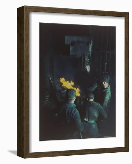 Workers Forging Molten Metal with 16,000 lb Drop Forging Hammer at Wyman-Gordon Co-Andreas Feininger-Framed Photographic Print