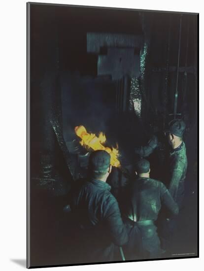 Workers Forging Molten Metal with 16,000 lb Drop Forging Hammer at Wyman-Gordon Co-Andreas Feininger-Mounted Photographic Print