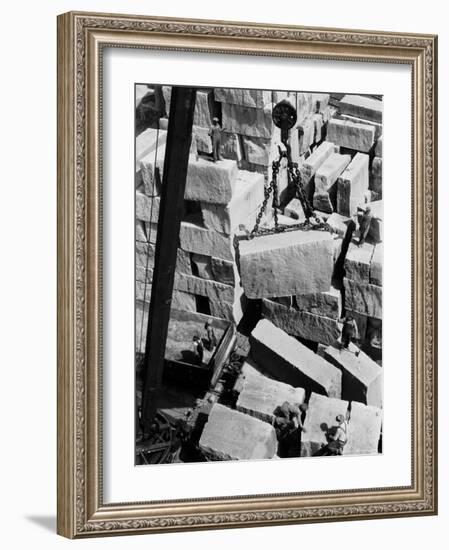 Workers of Rock at Indiana Limestone Co. provide stone for Landmark Skyscrapers-Margaret Bourke-White-Framed Photographic Print