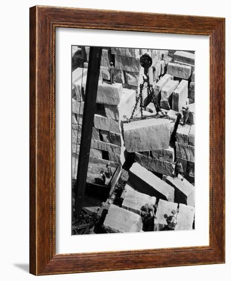 Workers of Rock at Indiana Limestone Co. provide stone for Landmark Skyscrapers-Margaret Bourke-White-Framed Photographic Print