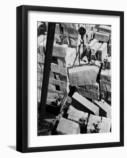 Workers of Rock at Indiana Limestone Co. provide stone for Landmark Skyscrapers-Margaret Bourke-White-Framed Photographic Print