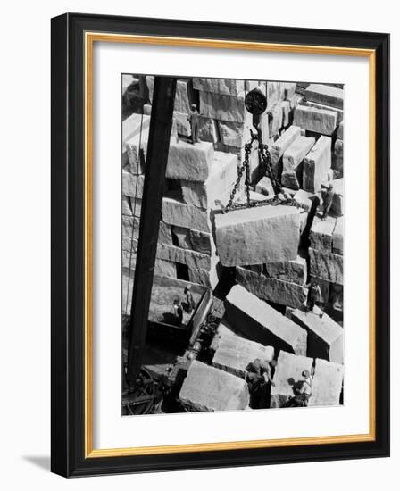 Workers of Rock at Indiana Limestone Co. provide stone for Landmark Skyscrapers-Margaret Bourke-White-Framed Photographic Print