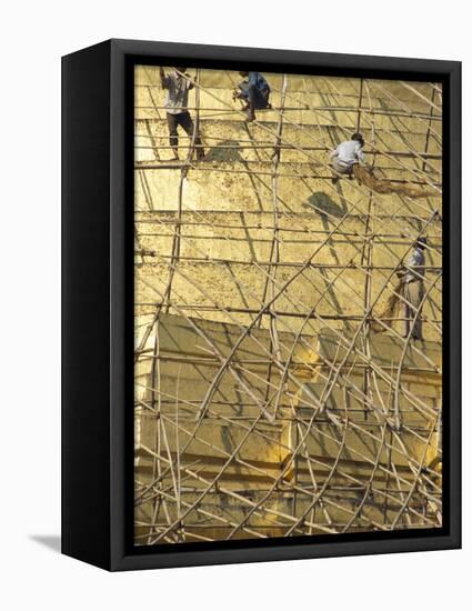 Workers on Bamboo Scaffolding Applying Fresh Gold Leaf to the Shwedagon Pagoda, Yangon, Myanmar-Upperhall-Framed Premier Image Canvas