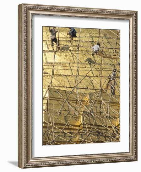 Workers on Bamboo Scaffolding Applying Fresh Gold Leaf to the Shwedagon Pagoda, Yangon, Myanmar-Upperhall-Framed Photographic Print