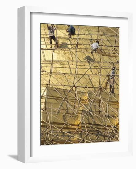 Workers on Bamboo Scaffolding Applying Fresh Gold Leaf to the Shwedagon Pagoda, Yangon, Myanmar-Upperhall-Framed Photographic Print