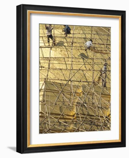 Workers on Bamboo Scaffolding Applying Fresh Gold Leaf to the Shwedagon Pagoda, Yangon, Myanmar-Upperhall-Framed Photographic Print