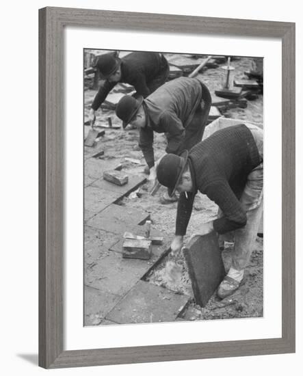 Workers Paving Sidewalk in Front of Stalin Statue Are Making Highest Salaries at 24 Cents Per Hour-Ralph Crane-Framed Photographic Print