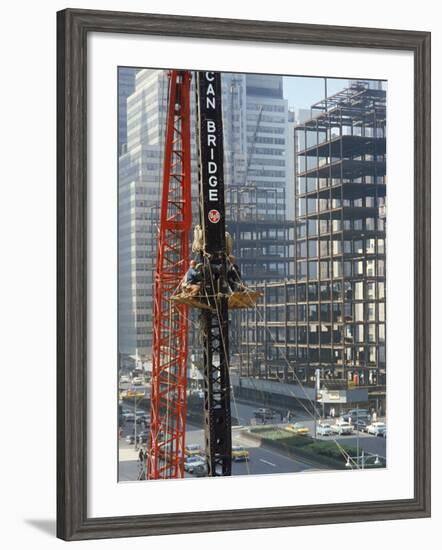 Workers Service Crane Across Street from National Bank Building under Construction on Park Ave-Dmitri Kessel-Framed Photographic Print