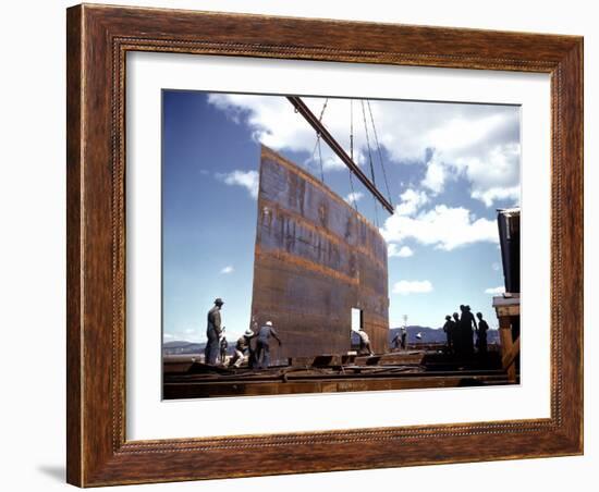 Workers Watching as Steel Beam is Raised High Above During Sub Assembling of Ship at Shipyard-Hansel Mieth-Framed Photographic Print