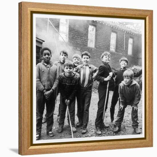 Working Class Children in Sheffield Playing in the Street-Henry Grant-Framed Premier Image Canvas