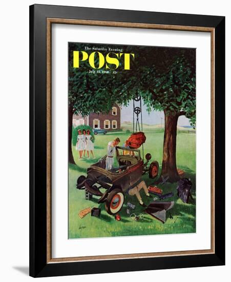 "Working on the Jalopy," Saturday Evening Post Cover, July 15, 1961-George Hughes-Framed Giclee Print