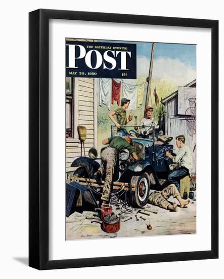 "Working on the Jalopy" Saturday Evening Post Cover, May 20, 1950-Stevan Dohanos-Framed Giclee Print