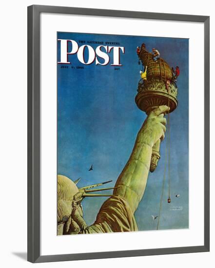 "Working on the Statue of Liberty" Saturday Evening Post Cover, July 6,1946-Norman Rockwell-Framed Giclee Print