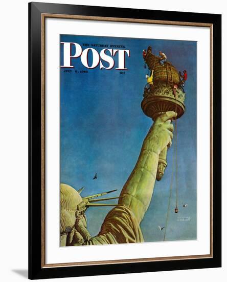 "Working on the Statue of Liberty" Saturday Evening Post Cover, July 6,1946-Norman Rockwell-Framed Giclee Print