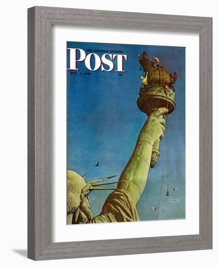 "Working on the Statue of Liberty" Saturday Evening Post Cover, July 6,1946-Norman Rockwell-Framed Giclee Print