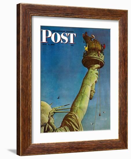 "Working on the Statue of Liberty" Saturday Evening Post Cover, July 6,1946-Norman Rockwell-Framed Giclee Print