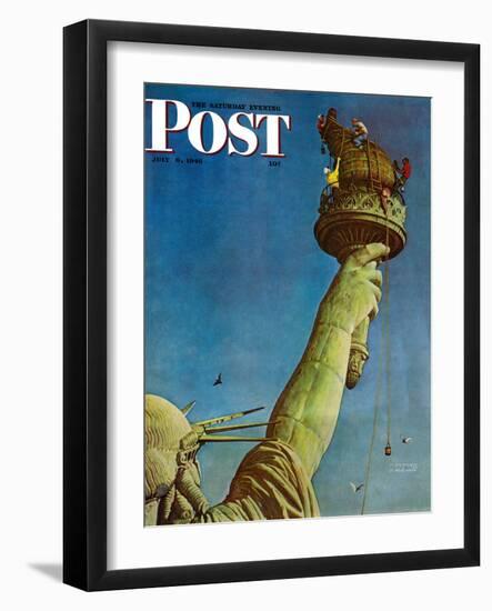 "Working on the Statue of Liberty" Saturday Evening Post Cover, July 6,1946-Norman Rockwell-Framed Giclee Print