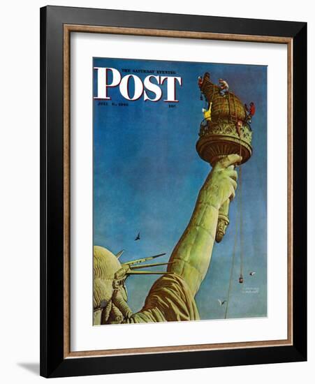 "Working on the Statue of Liberty" Saturday Evening Post Cover, July 6,1946-Norman Rockwell-Framed Giclee Print