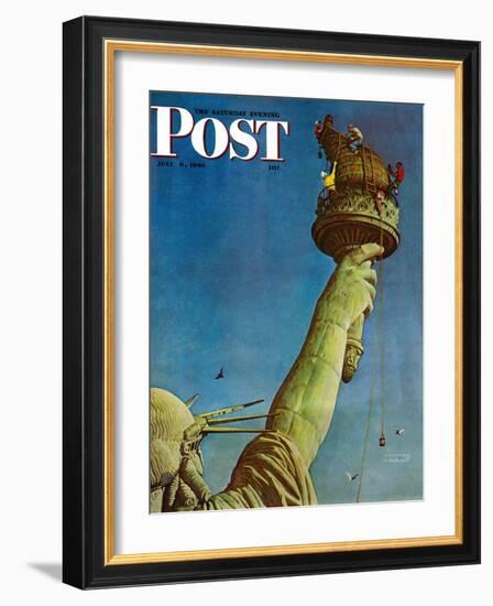 "Working on the Statue of Liberty" Saturday Evening Post Cover, July 6,1946-Norman Rockwell-Framed Giclee Print