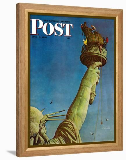 "Working on the Statue of Liberty" Saturday Evening Post Cover, July 6,1946-Norman Rockwell-Framed Premier Image Canvas