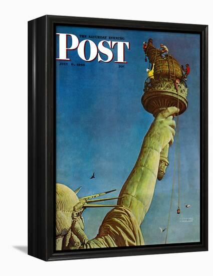 "Working on the Statue of Liberty" Saturday Evening Post Cover, July 6,1946-Norman Rockwell-Framed Premier Image Canvas