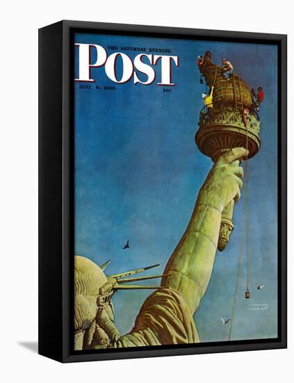 "Working on the Statue of Liberty" Saturday Evening Post Cover, July 6,1946-Norman Rockwell-Framed Premier Image Canvas