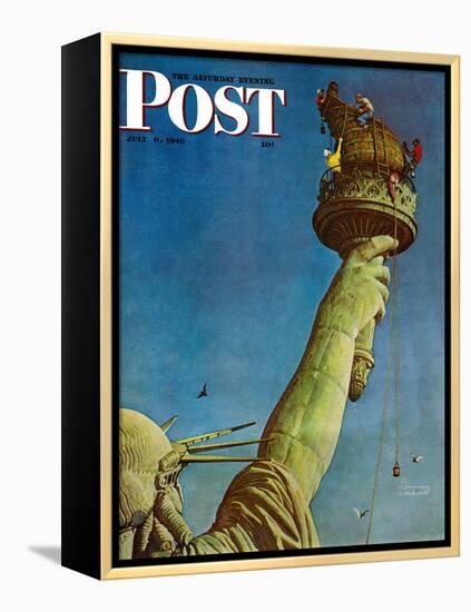 "Working on the Statue of Liberty" Saturday Evening Post Cover, July 6,1946-Norman Rockwell-Framed Premier Image Canvas