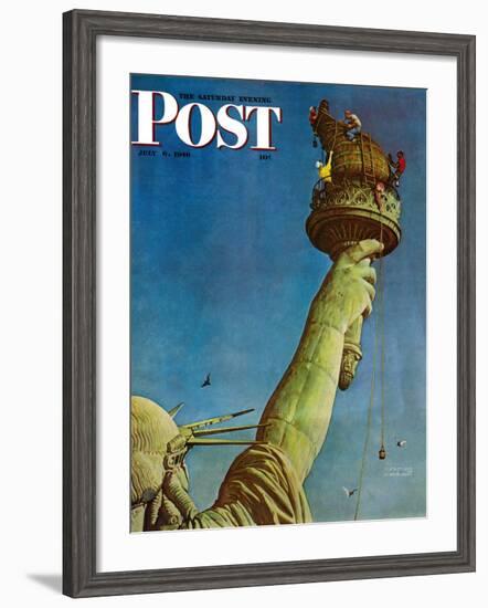 "Working on the Statue of Liberty" Saturday Evening Post Cover, July 6,1946-Norman Rockwell-Framed Premium Giclee Print