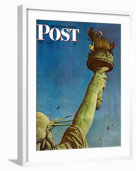 "Working on the Statue of Liberty" Saturday Evening Post Cover, July 6,1946-Norman Rockwell-Framed Premium Giclee Print