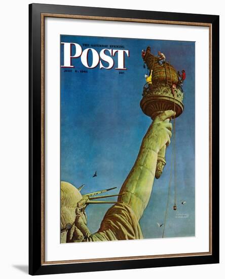 "Working on the Statue of Liberty" Saturday Evening Post Cover, July 6,1946-Norman Rockwell-Framed Premium Giclee Print